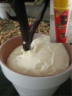 a cup filled with white frosting next to a bottle of deodorant