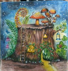 a drawing of a tree stump with mushrooms and other things on it, as well as a ladder