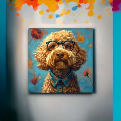 a painting of a dog with glasses on it's face, sitting against a wall