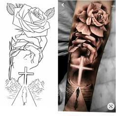 a tattoo with roses and a cross on it