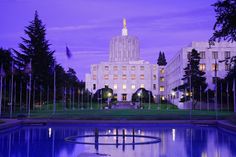 the state capitol building is lit up at night with lights on and reflecting in the water