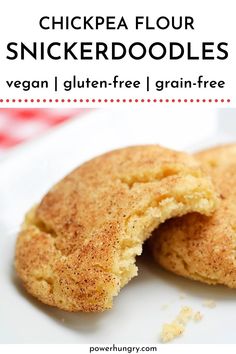 two vegan chickpea flour snickerdoodles on a white plate American Cookie Recipe, American Cookies Recipe, Aip Sweets, Allergy Free Baking, Gluten Free Cookie Bars, Vegan Snickerdoodles, Vegan Breads, Grain Free Cookies