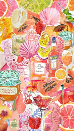 a painting of oranges, grapefruit and other fruit on a pink background