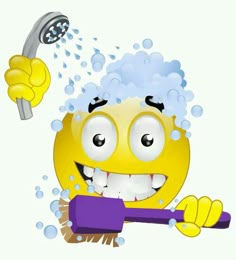 a yellow smiley face holding a toothbrush and spraying water on it's head