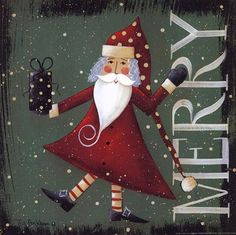 a christmas card with a santa clause holding a present in one hand and a black bag on the other