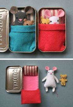 two tins with stuffed animals in them and one is open to show the contents