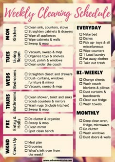 a cleaning schedule with pink flowers in the background