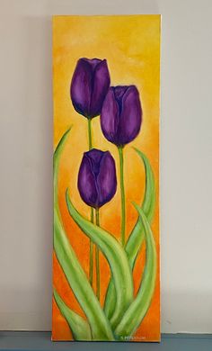 three purple tulips on an orange and yellow background, painted in acrylic