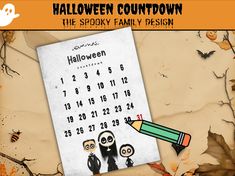 an image of a calendar for halloween with the family drawn on it and a pencil