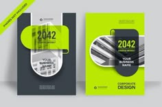 a brochure cover design with green and black shapes on the front, side and back