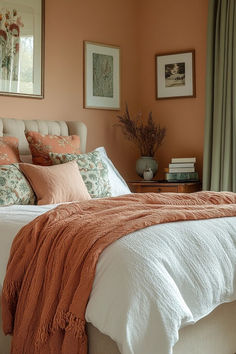 Warm Peach Comforts envelops the bedroom in warm peach tones, creating a cozy and welcoming atmosphere. Sage green elements are used sparingly as accents to add a refreshing contrast to the warmth of the peach. Plush bedding, comfortable seating, and warm lighting make this bedroom an ideal space for relaxation and comfort. This sage green and peach bedroom design is perfect for anyone looking to create a snug and homey retreat. Tap here to learn more about creating a warm and comfortable bedroom environment. Peach And Gray Bedroom Ideas, Peach Ceiling Bedroom, Bedroom With Peach Walls, Bedroom Peach Walls, Peach And Cream Bedroom, Bedroom Inspirations Master Color Schemes Orange, Peach Aesthetic Bedroom, Coloured Bedroom Ideas, Peach Wall Bedroom