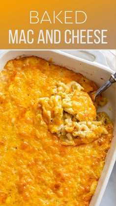 baked macaroni and cheese in a casserole dish with a serving spoon