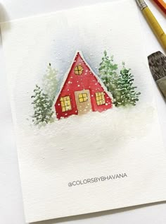 a watercolor painting of a red house in the snow with pine trees on it