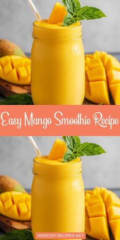 mango smoothie in a mason jar with two straws on the top and one glass full