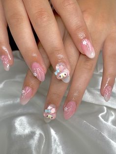 Hello Kitty Jelly Nails, My Melody Short Nails, Sanrio Nails Acrylic Simple, My Melody Nails For Kids, My Melody Nails Short, Mymelody Nails, Sanrio Nails Short, Hello Kitty Nails Almond, My Melody Nail Art