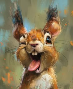 a digital painting of a squirrel with its mouth open and it's tongue out