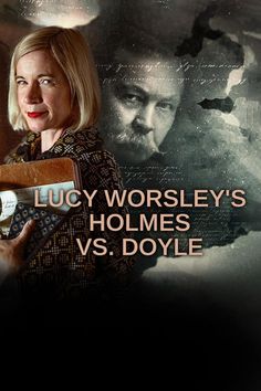 a woman holding a book in front of a poster with the words lucy worsley's homies vs doyle