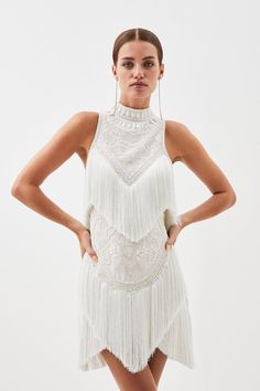 Petite Fringe And Beaded Halter Neck Mini Dress | Karen Millen Short Fringe Dress, Fringe Reception Dress, Fringe White Dress, Statement Dress Classy, Hen Outfit, Hen Do Dress, Dresses With Fringe, Gatsby Party Outfit Women, Fringe Dance Costume