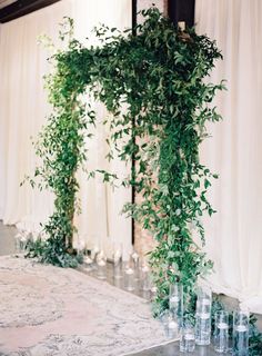 an arrangement of greenery hangs from the ceiling over a table with glasses on it