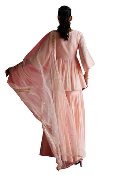 Blush pink peplum kurta with tonal thread, mirror embroidery. Paired with a sharara with embroidered buttis and dupatta. - Aza Fashions Embroidery Geometric, Kurta And Sharara, Kurta Sharara Set, Pink Kurta, Kurta Sharara, Mirror Embroidery, Sharara Set, Set For Women, Aza Fashion