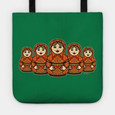 a green tote bag with an image of five women in traditional russian clothing on it