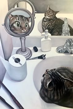 a painting of a cat laying in a bathroom sink next to a mirror and hair dryer