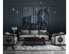 a living room filled with furniture and a horse on the wall