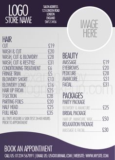 a purple and white flyer for a hair salon with price tags on the front, and prices