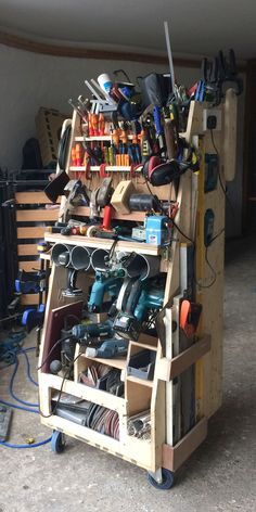 a work bench filled with lots of tools