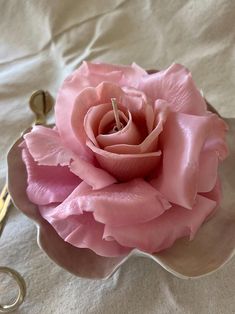 a pink rose sitting on top of a white plate