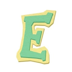 the letter e is made up of green and yellow wood with an uppercase cut out