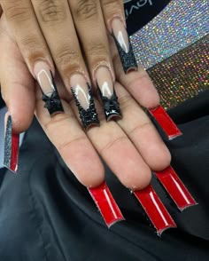 Black French with red bottoms will always eat😍🖤 . . . Dm to book!💖 @nailed.byjennie #longnails #blacknails #glitternails #frenchnails #blingnails #promnails #nails #nailsnailsnails #fresnonails #fresnonailtech #explorepage Black Nail Designs Red Bottoms, Disco Nails Acrylic, Name On Acrylic Nails, Black French With Red Bottoms, Nail Salon Design Nails, Black Frenchies With Red Bottoms Nails, Black French Tips Red Bottoms, Black Nail Red French Tip, Black Nail Red Bottoms