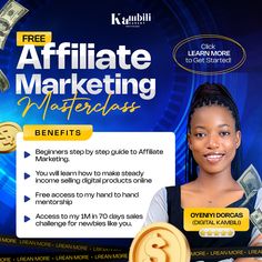 a woman holding money in front of her face with the words, free affiliate marketing materials