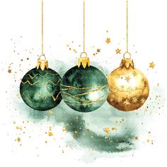 three green and gold christmas ornaments hanging from strings on a white background with golden stars