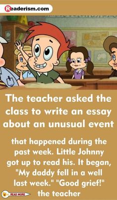 an image of cartoon characters with text that reads, the teacher asked the class to write an