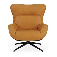 a brown leather chair with black legs and an armrest, on a white background