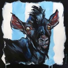 an acrylic painting of a black goat on a blue and white striped background