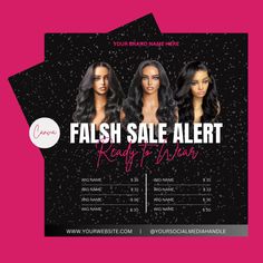 a flyer for a fashion sale featuring three women with long hair and one woman's face