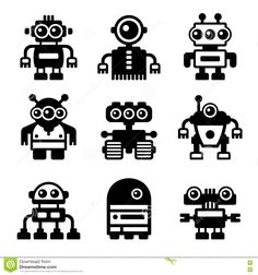 black and white silhouettes of robots with different facial expressions stock photo - image 349784