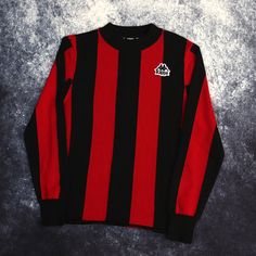 "Details: Vintage red and black stripy jumper by Kappa. Embroidered logo. Condition: Great Signs of wear: N/A Size: Tag states Small but fit is like an XS Measurements: Length - 25\" Pit to Pit - 17\" Shoulder to cuff - 24\"" Kappa Logo, Pull Vintage, Pullover Outfit, Red And Black, Size Tag, Sweater Outfits, Gender Neutral, Jumper, Black And Red