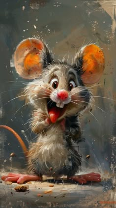 a painting of a mouse with oranges on its ears