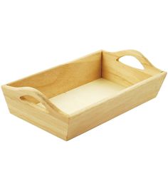 an empty wooden tray with handles on white background