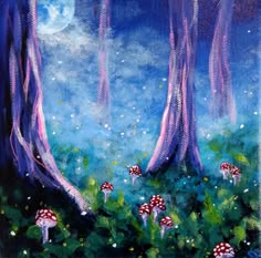 a painting of mushrooms and trees in the woods at night with full moon behind them