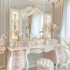 a white dressing table with a pink vanity and stool in front of a large mirror