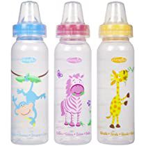 three baby bottles with animals painted on them