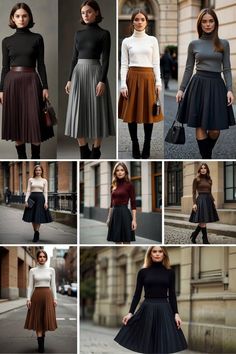 White Turtleneck And Skirt Outfit, Grey Midi Skirt Outfit Winter, Beige Pleated Skirt Outfit Winter