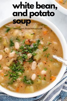 white bean, and potato soup in a bowl with the title overlay above it