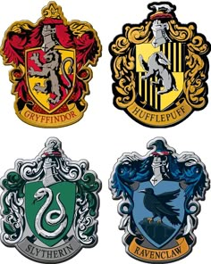 four harry potter crests are shown in three different colors and sizes, each with the same