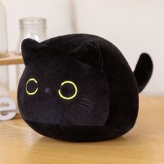 a plushie cat of a black cat with yellow eyes Black Stuffed Animal, Stuffed Plushies, Black Kawaii, Cat Plushie, Gatto Carino, Kids Throw Pillows