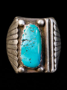 Old Pawn Natural Turquoise Stone Heavy Sterling Silver Ring. Excellently handcrafted Silver Work. Circa 1960s.  Size 13  Measures 1" tall  Weight 24.9 grams Available at my Etsy Shop http://Far-Rider-West.com   #westerngifts #cowboy #turquoisering #indianjewelry #vintagerings #nativeamerican #oldpawn #Navajojewelry #mensring #chunkyring #uniquejewelry